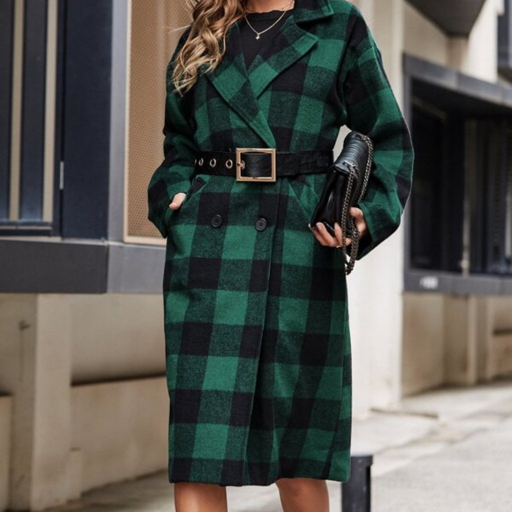 Buffalo Plaid Double Breasted Overcoat Without Bel - Picture 5 of 6
